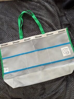 Glossier White Mesh Tote with Green Handles and Blue Trim